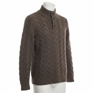 L.L. Bean Signature Mens Pullover Sweater Brown L Mock Neck Cable Knit Button
